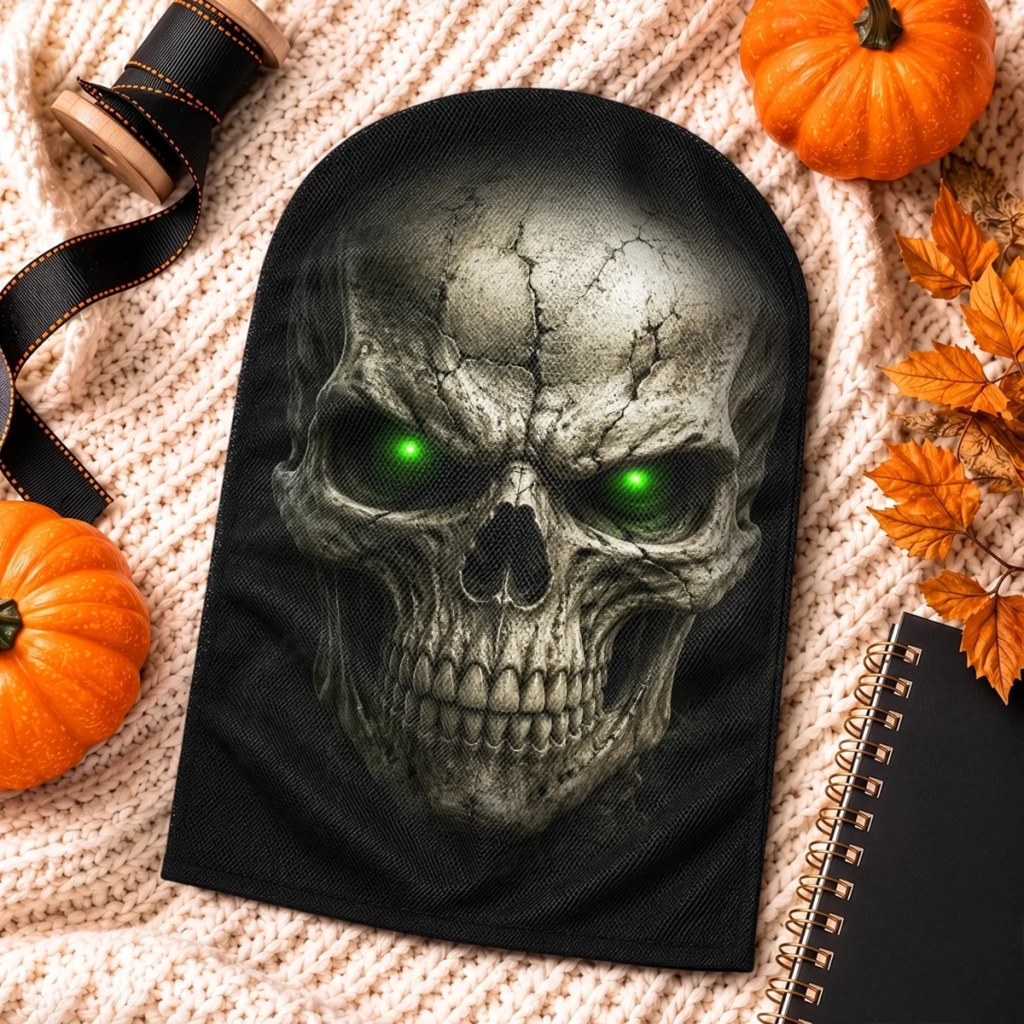 Close-up of the printed skull artwork on the mask
