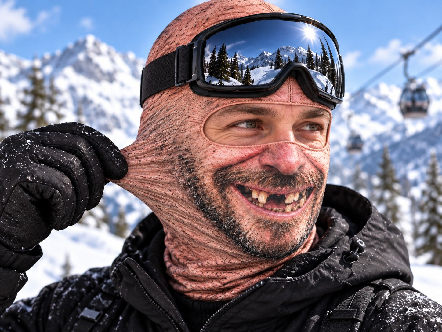 Close-up of the funny face ski mask stretching under ski goggles