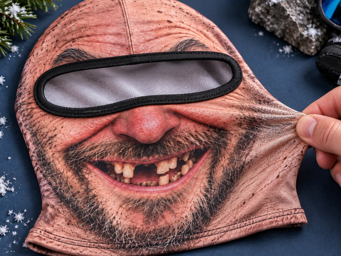 Close-up of the funny ski mask fabric, bound eye opening, stitching, and stretch