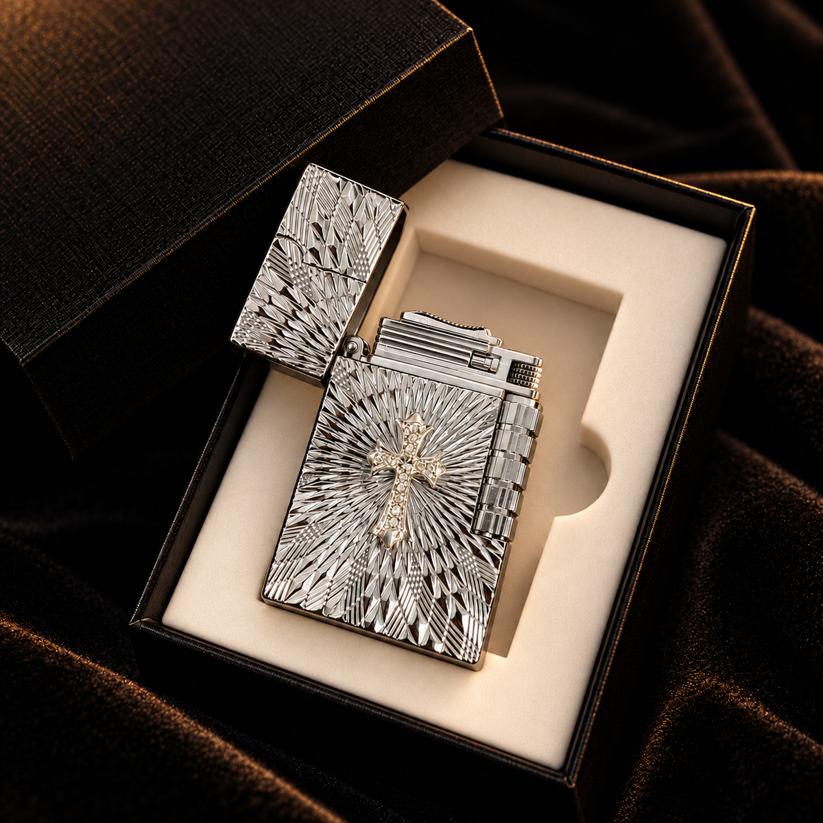 ✝Crystal Cross Lighter – Engraved Silver Flip-Top