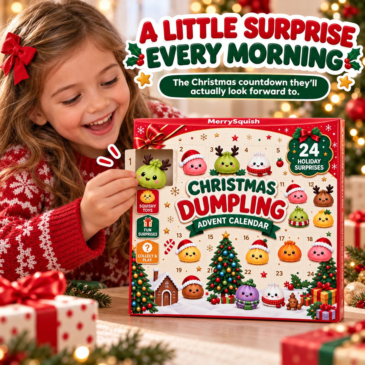 Child opening a numbered Advent Calendar door to reveal a dumpling squishy