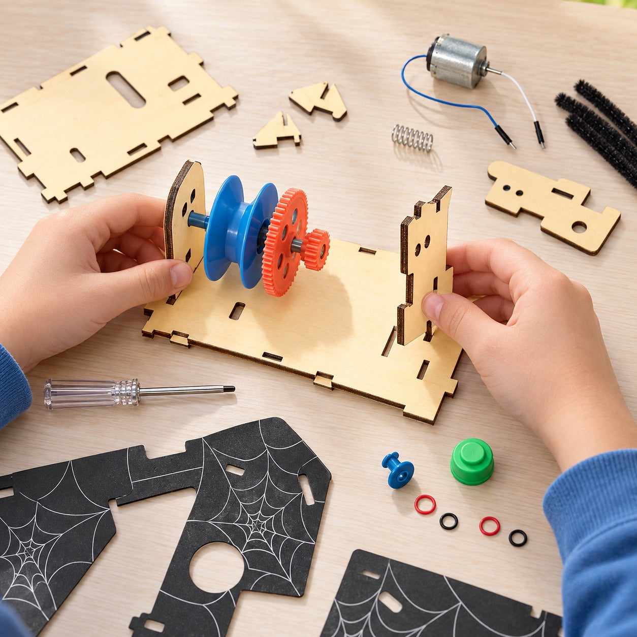 Assembling the wood frame, blue spool and orange gears