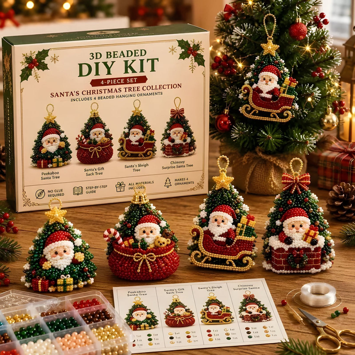 DIY beaded Christmas ornament kit Santa Set four santa ornaments