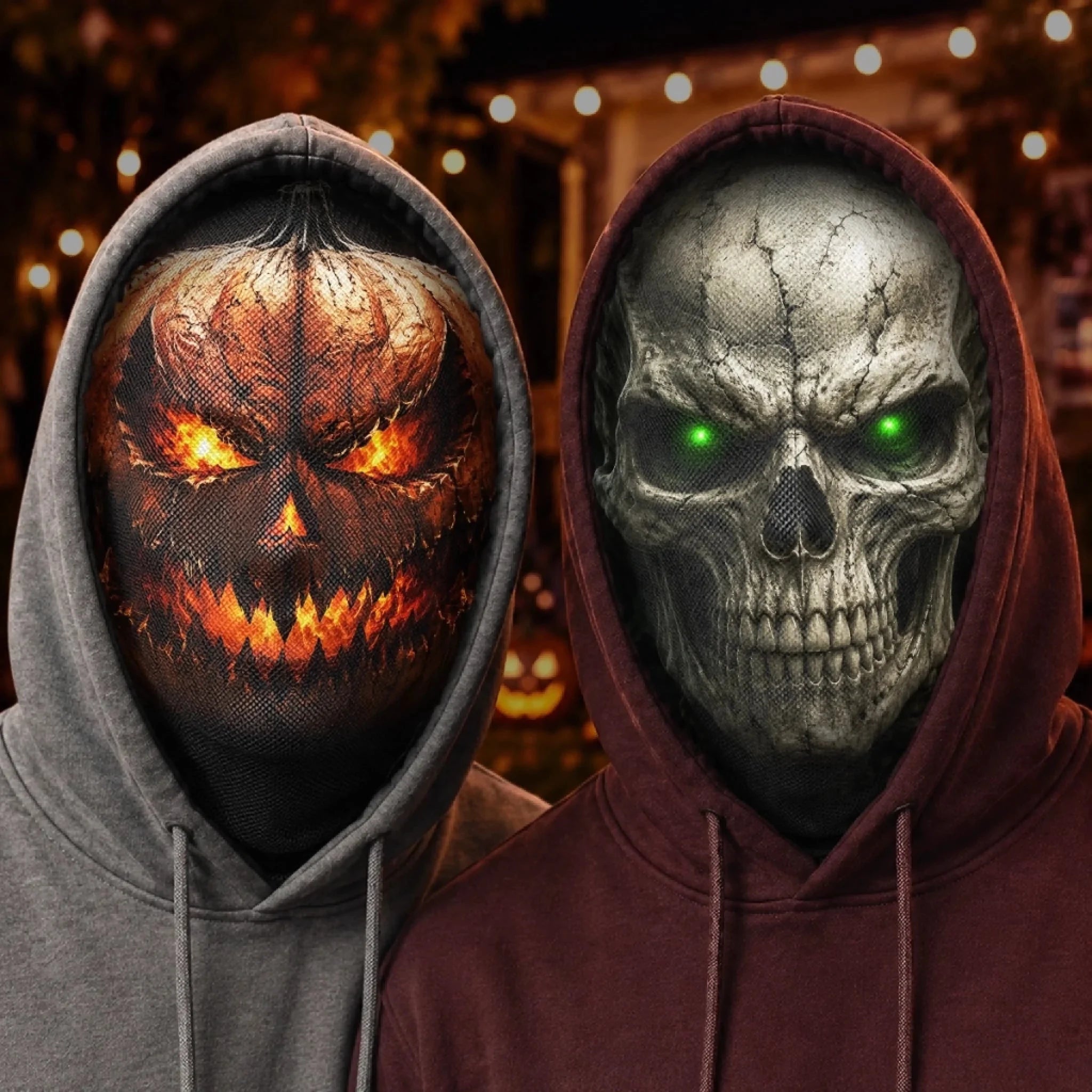 Two people wearing different scary-face balaclavas