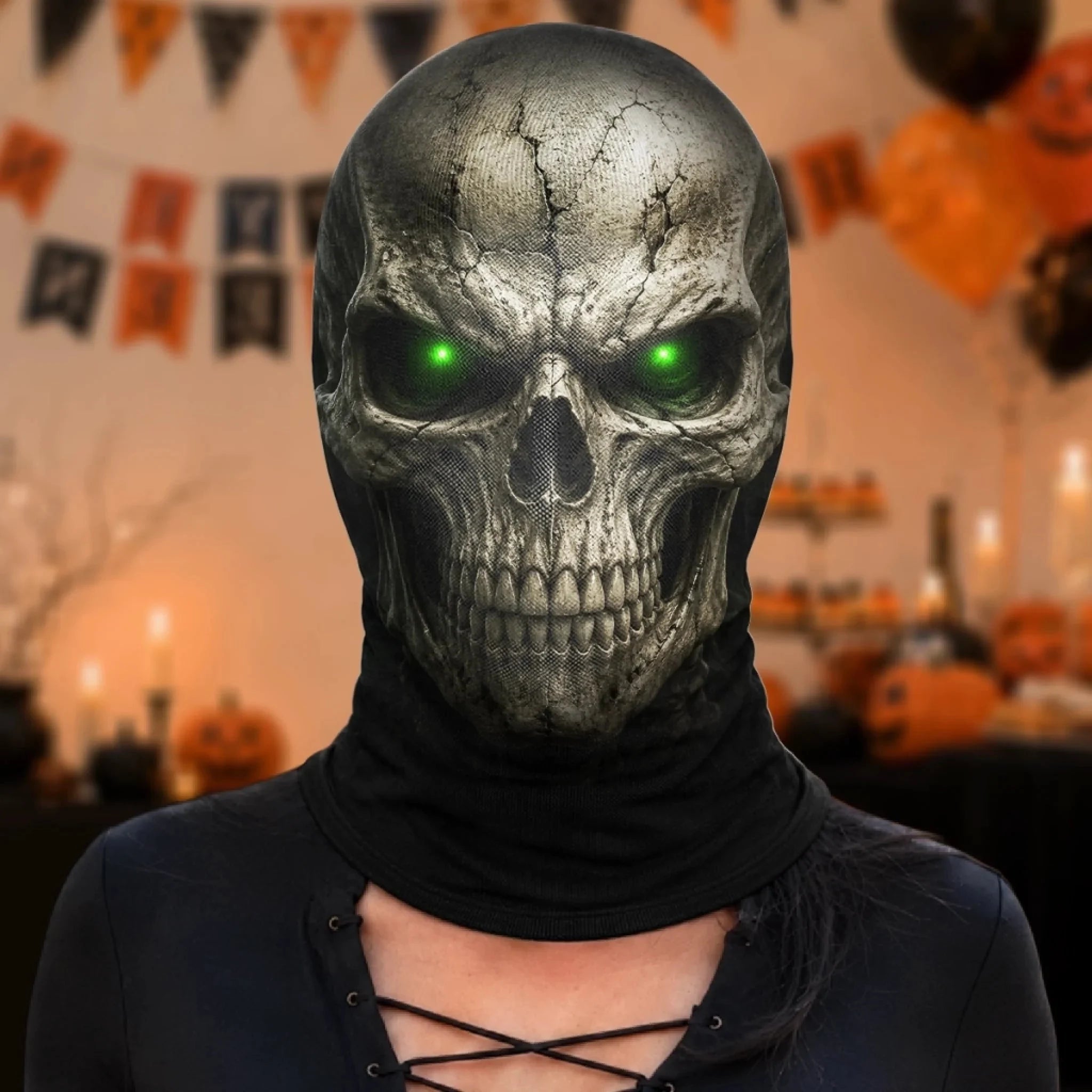 Woman wearing the full-face skull balaclava