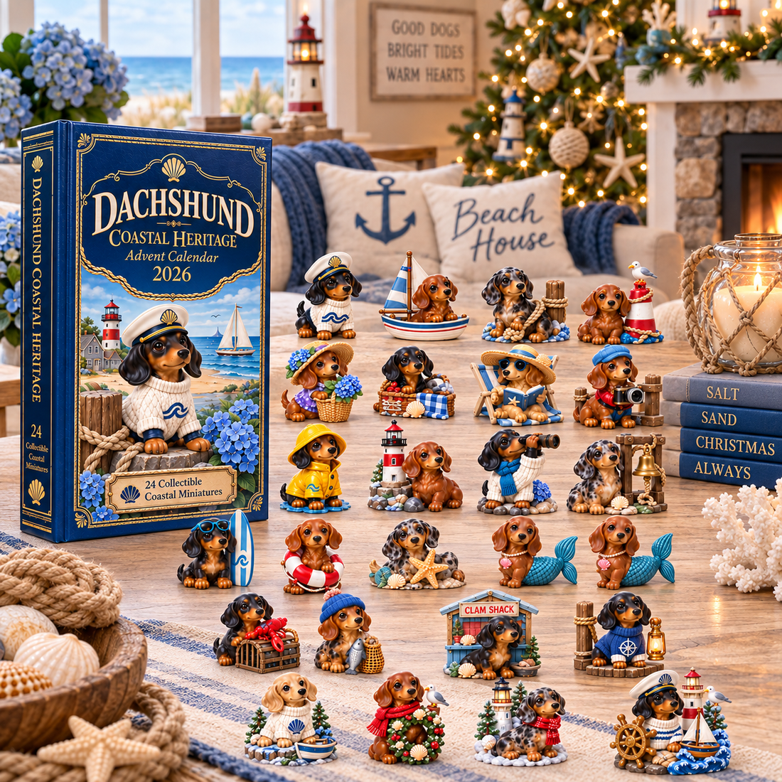 Twenty-four coastal dachshund designs arranged beside the advent calendar