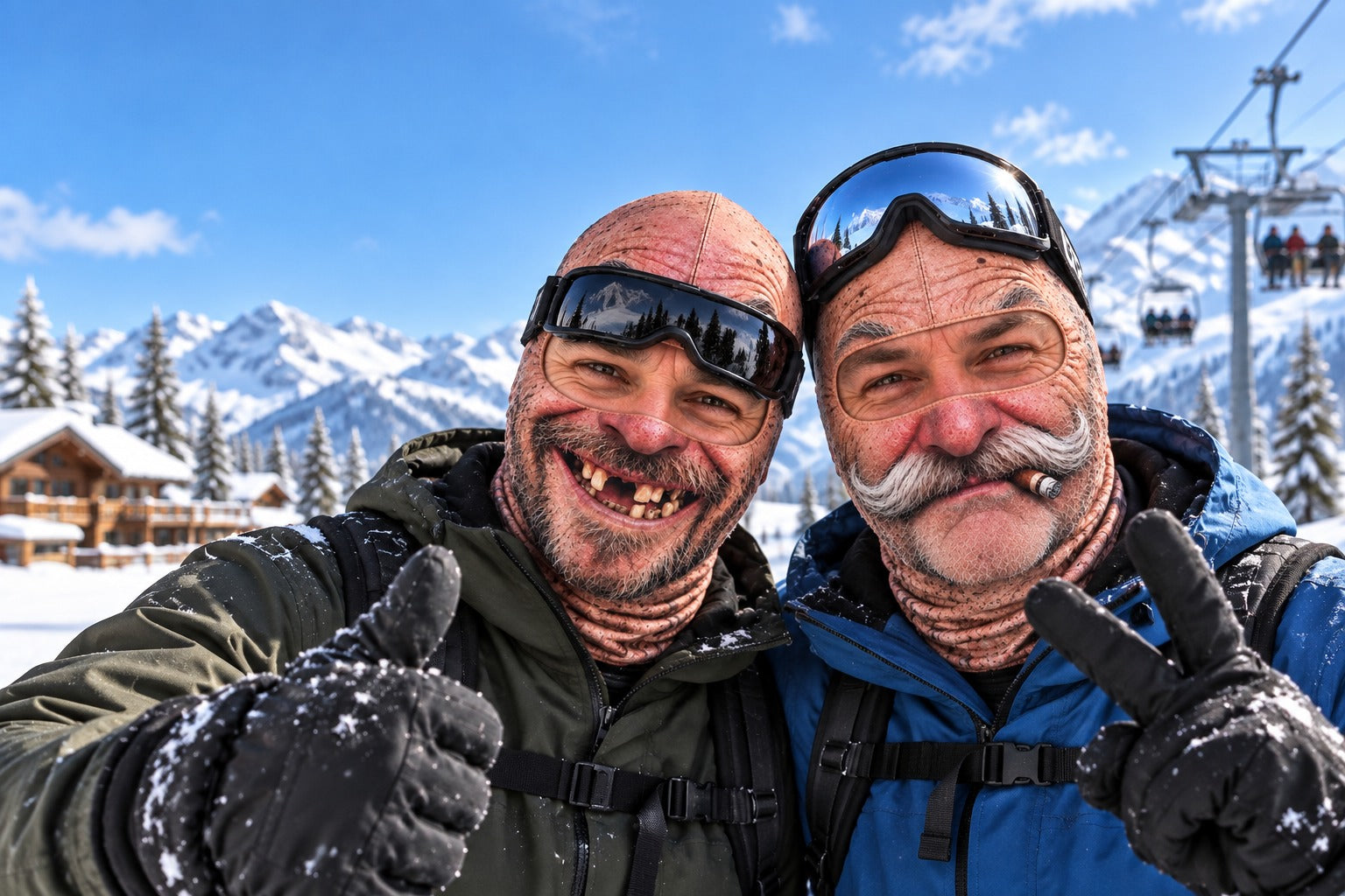 Two ski friends wearing funny all-over face-print ski masks at a snowy resort