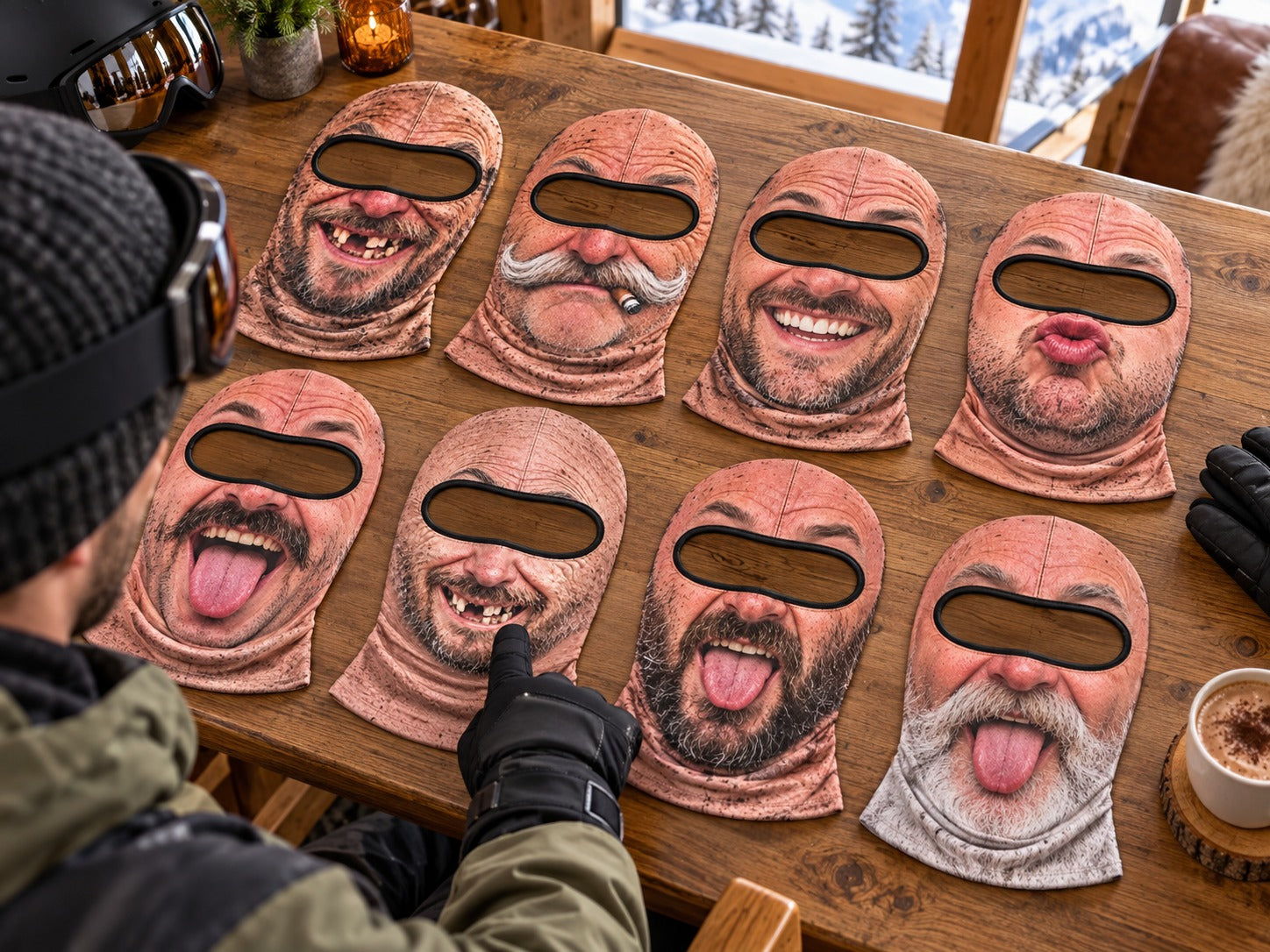 Skier comparing funny face ski mask designs