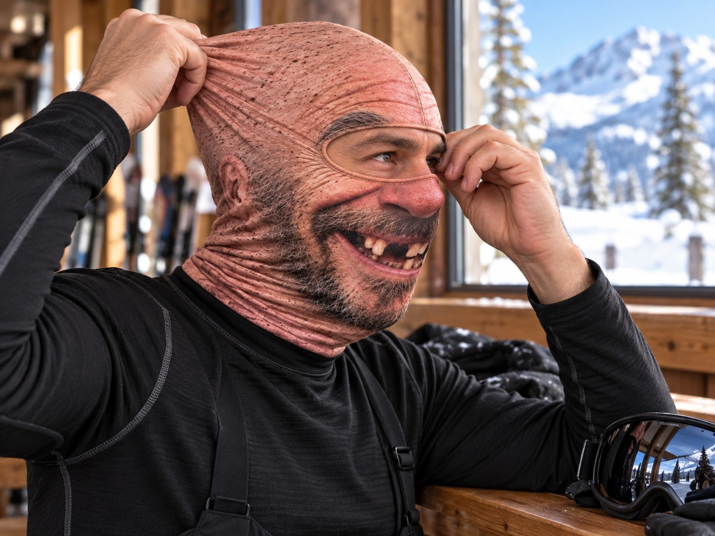 Skier pulling the stretchy funny face ski mask over the head