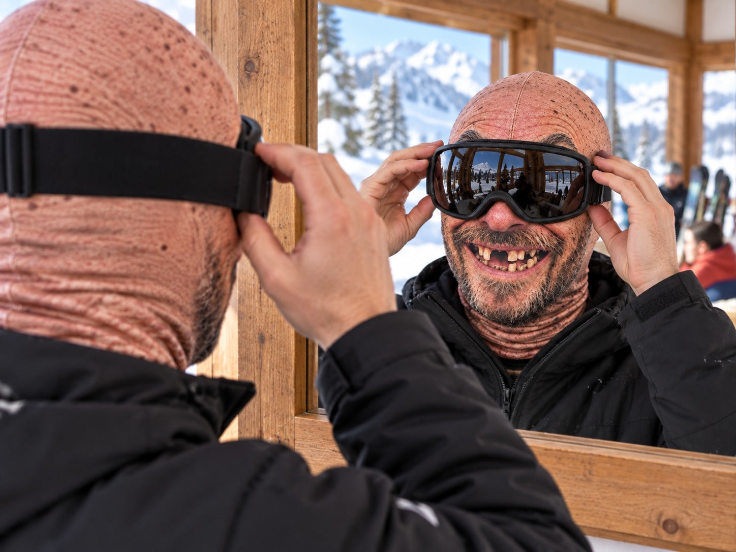 Skier fitting goggles over the funny face ski mask