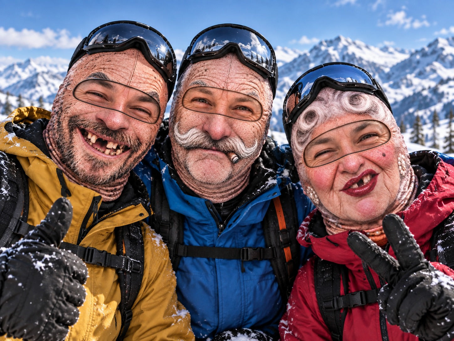 Three ski friends laughing together in different funny face ski masks