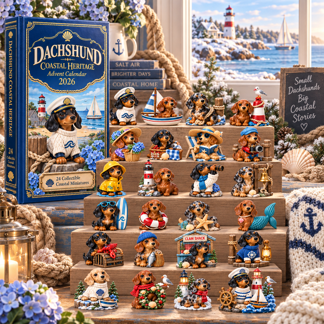 Dachshund advent calendar displayed in a coastal Christmas home