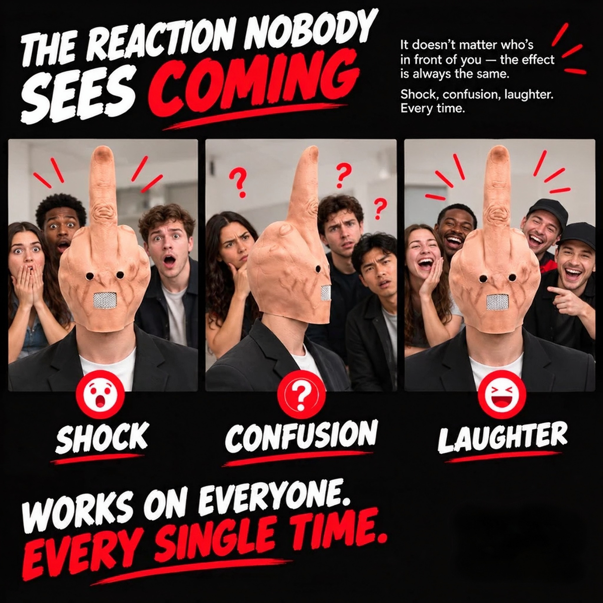 Funny finger mask reaction and fit views