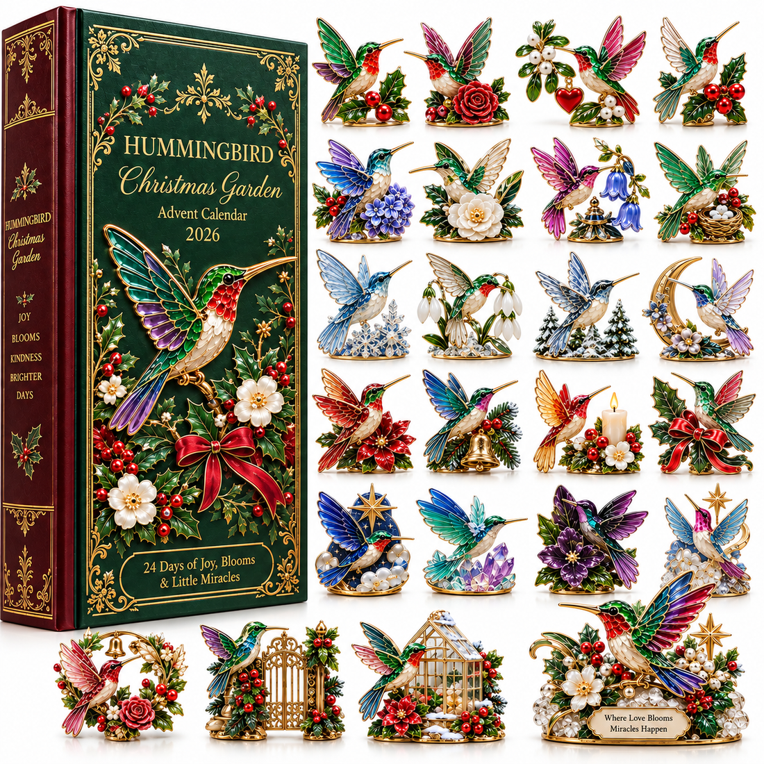 Complete hummingbird Christmas garden collection on a white background