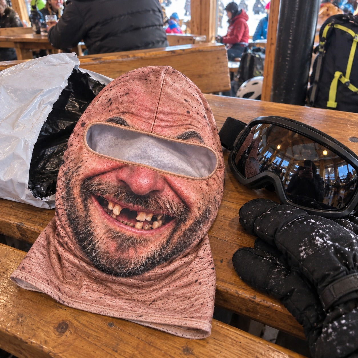 Illustrative buyer-style view of a funny face ski mask with goggles on a ski lodge bench