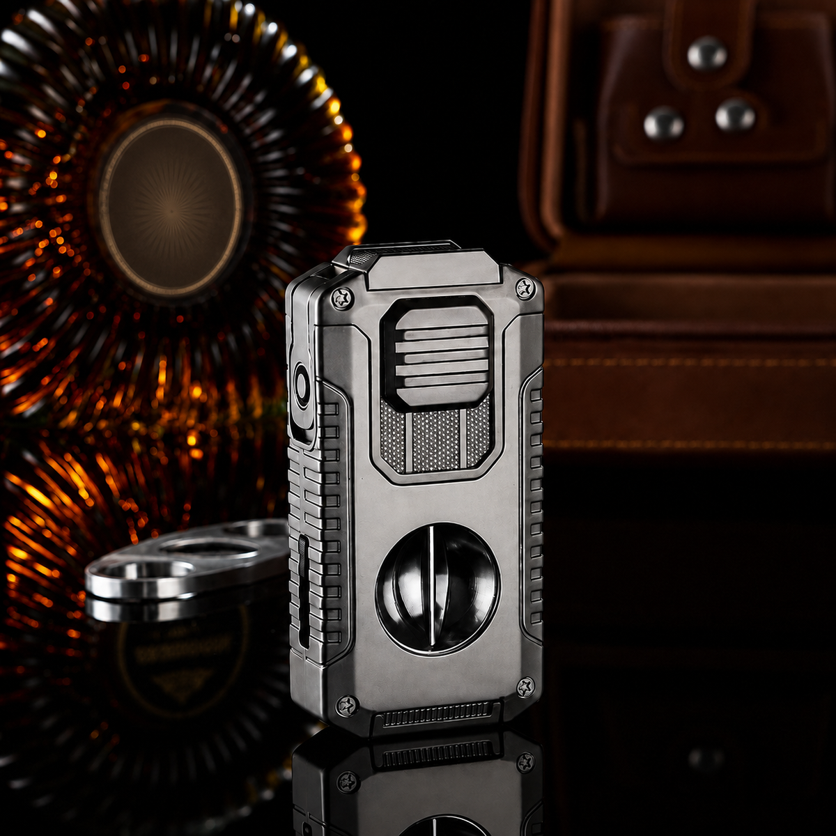 Vintage-inspired luxury refillable lighter in a dark gray finish