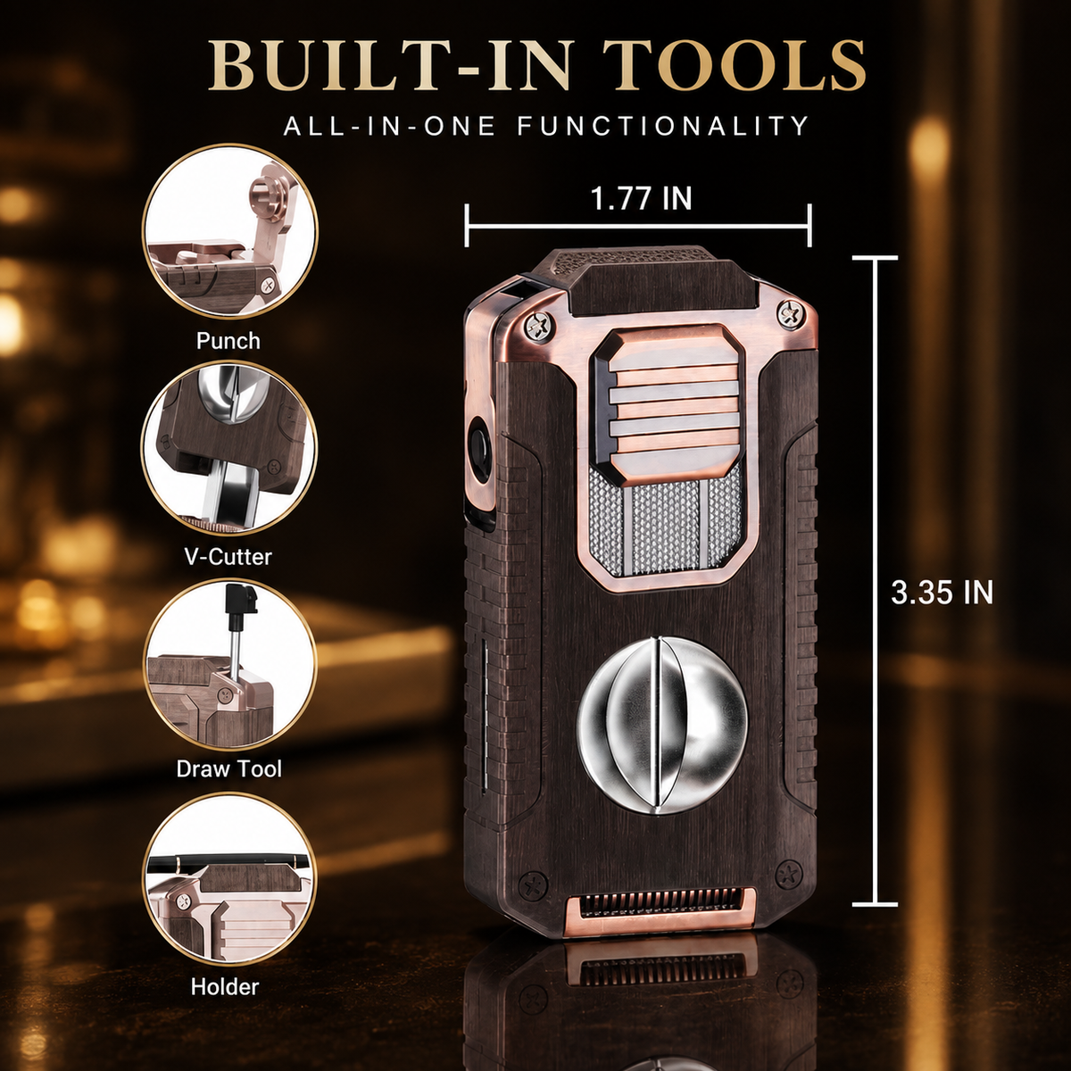Built-in punch, V-cutter, draw tool and holder with lighter dimensions