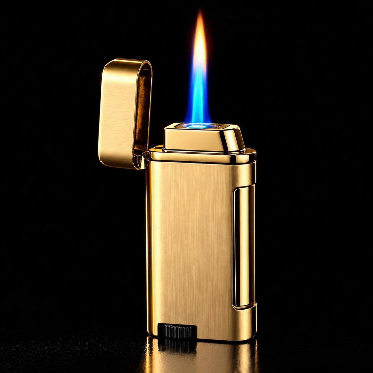 Gold smart sensor lighter lit against a black background