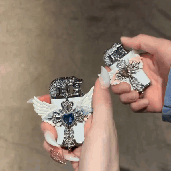 👼Angel Wing Cross Lighter – Rhinestone Gothic Butane Lighter
