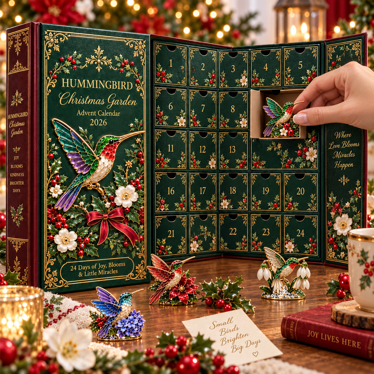 Opening a numbered drawer in the Hummingbird Christmas Garden Advent Calendar