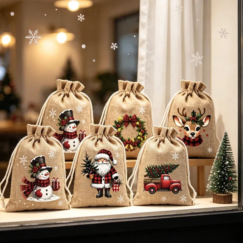 🔥60% OFF 🎄 Christmas Drawstring Gift Bags – Rustic Burlap X‑mas Sack Pouches, Santa Snowman Reindeer Print, Reusable Holiday Candy Treat Bags for Gift Wrapping & Party Favors