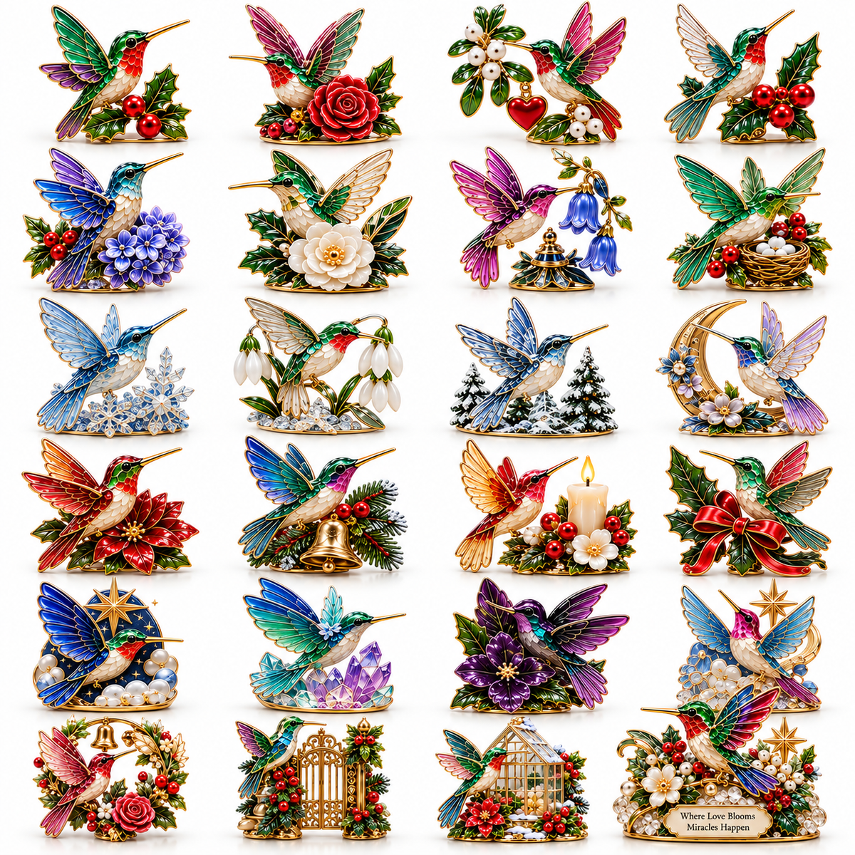 Twenty-four different hummingbird figures with flowers and Christmas garden details