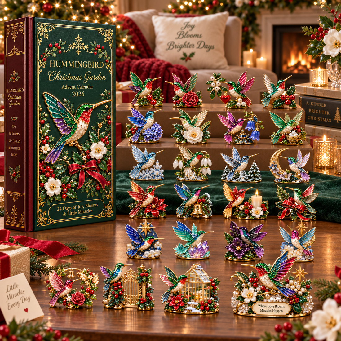 Hummingbird Christmas figures arranged on a festive mantel display