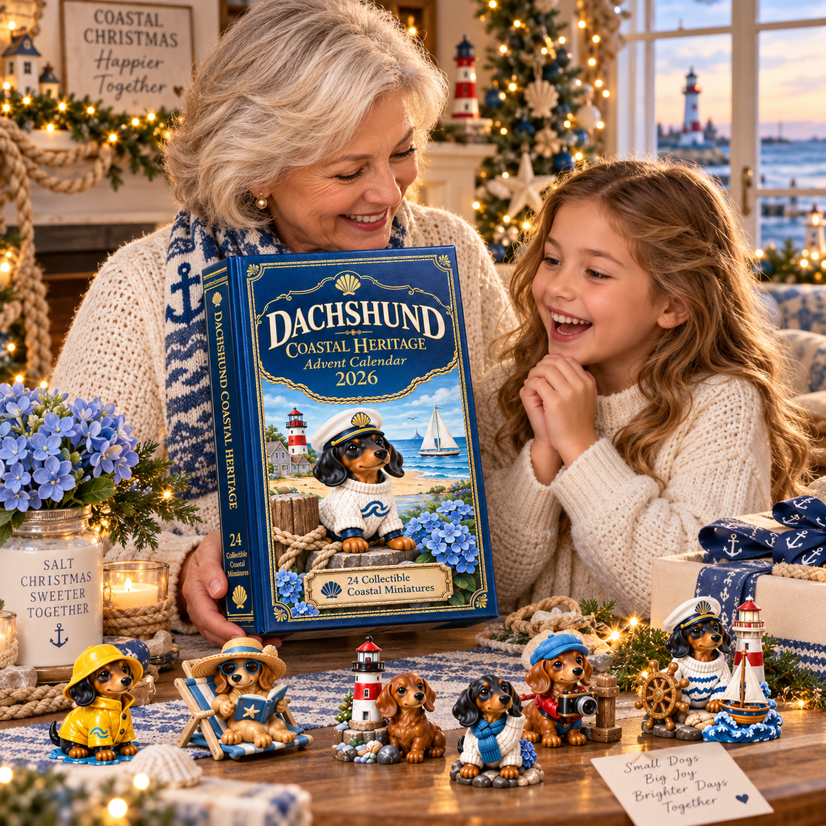 Family sharing the Dachshund Coastal Heritage Advent Calendar at Christmas