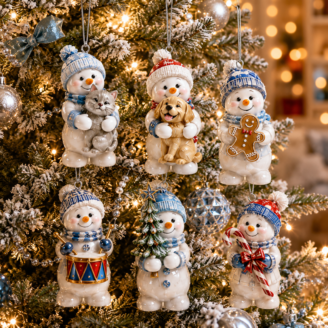 Snowman ornaments with pets, gingerbread, a drum, Christmas tree and candy cane