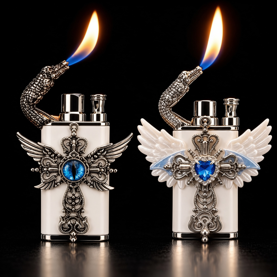 👼Angel Wing Cross Lighter – Rhinestone Gothic Butane Lighter
