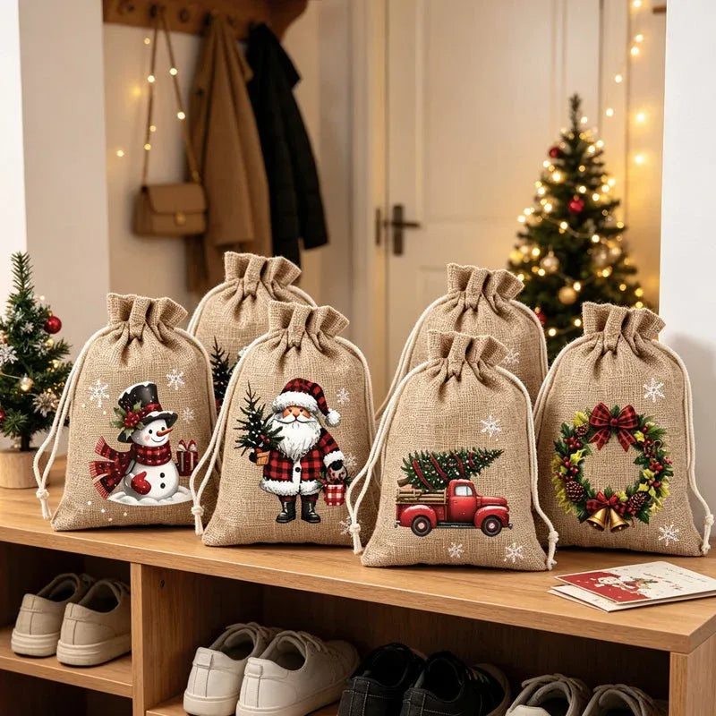 🔥60% OFF 🎄 Christmas Drawstring Gift Bags – Rustic Burlap X‑mas Sack Pouches, Santa Snowman Reindeer Print, Reusable Holiday Candy Treat Bags for Gift Wrapping & Party Favors