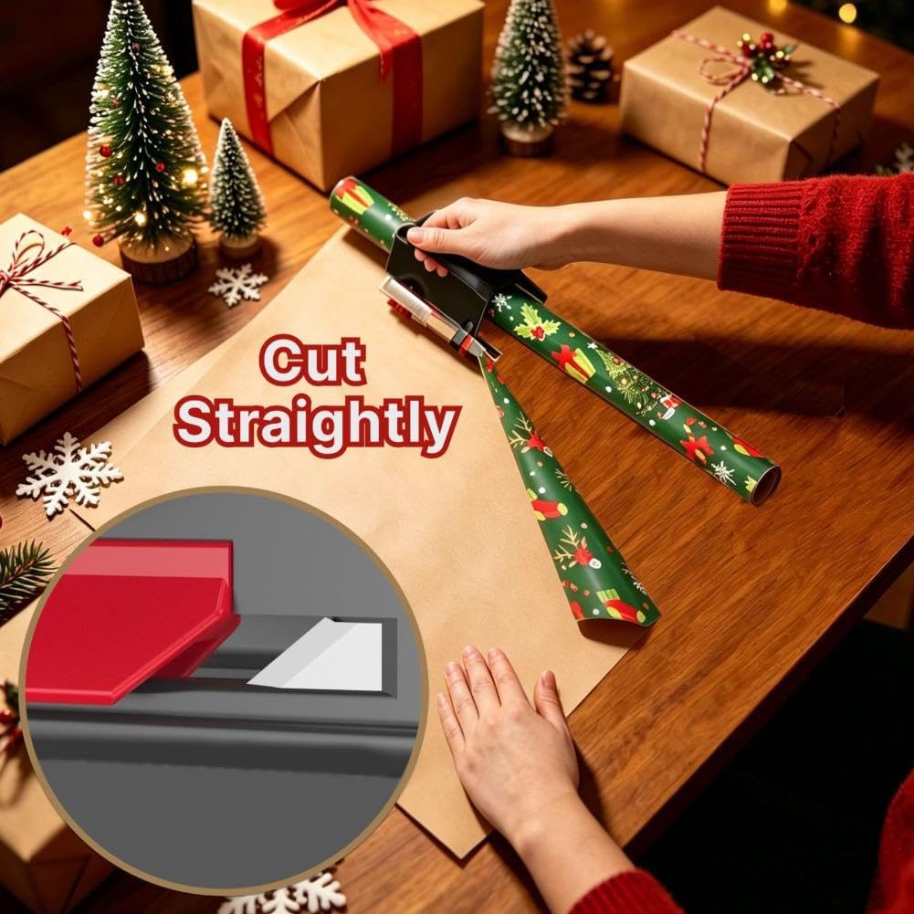 Red guided cutter sliding across festive wrapping paper