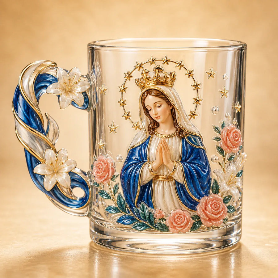 Virgin Mary Queen of Heaven devotional glass mug style