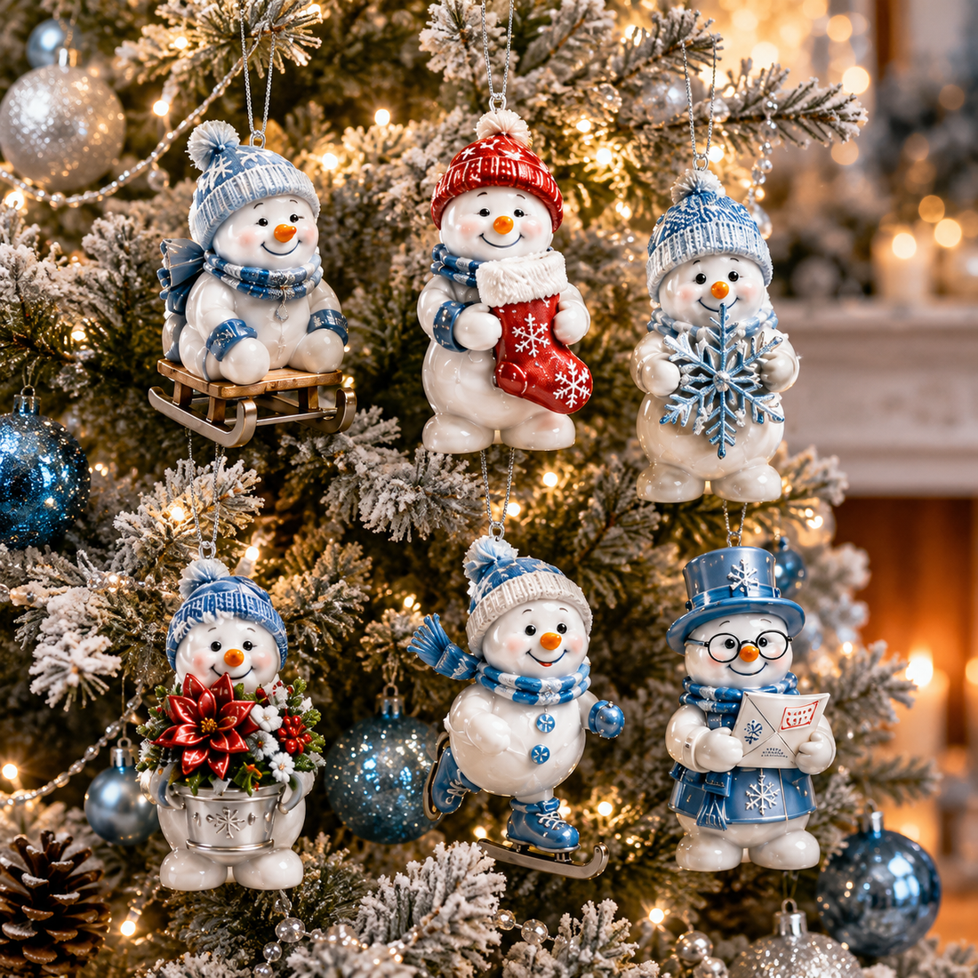 Snowman ornaments with a sled, stocking, snowflake, flowers, skate and letter on a Christmas tree