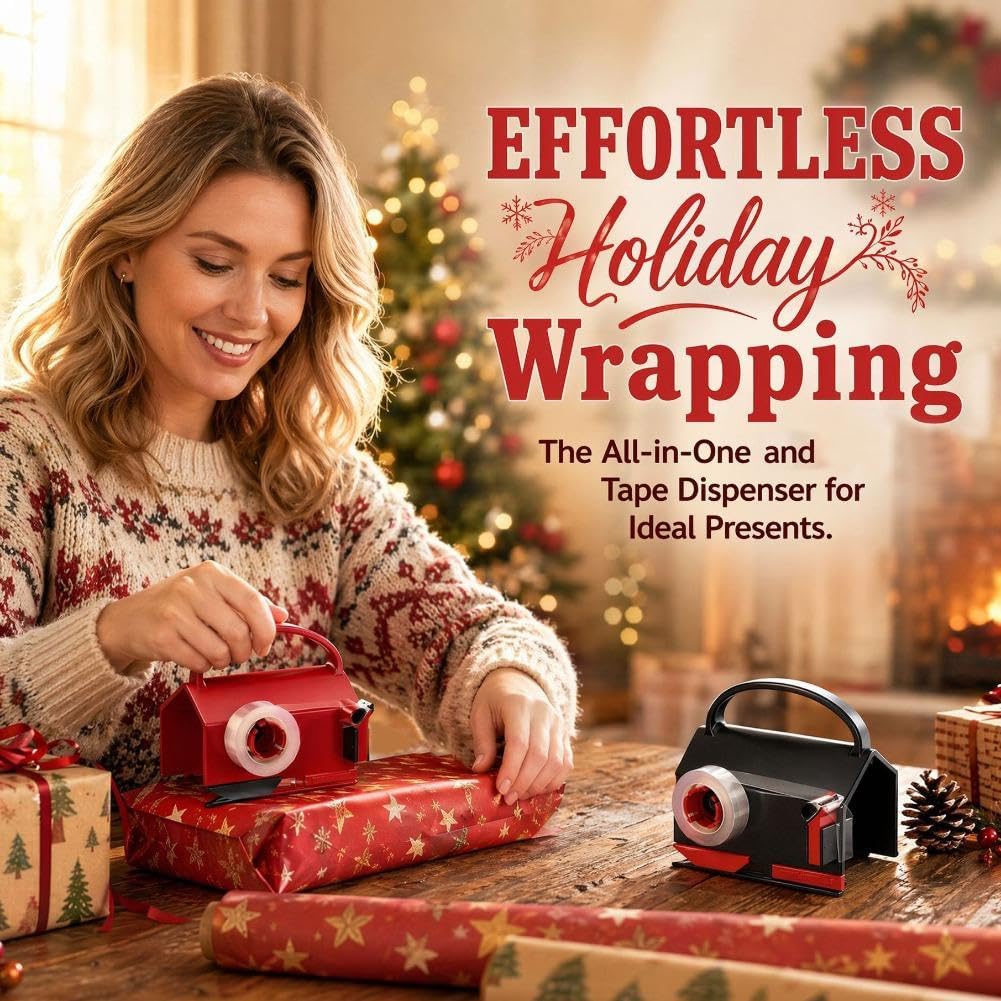 Red wrapping paper cutter and tape dispenser used at a holiday wrapping table