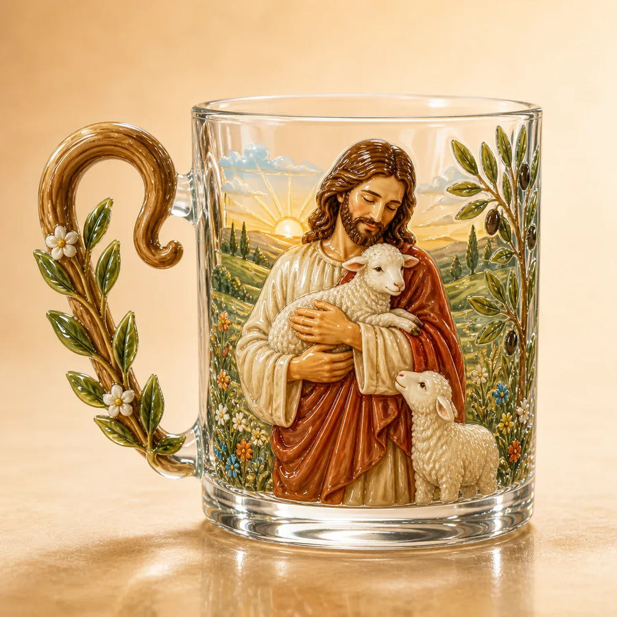 Jesus the Good Shepherd devotional glass mug style