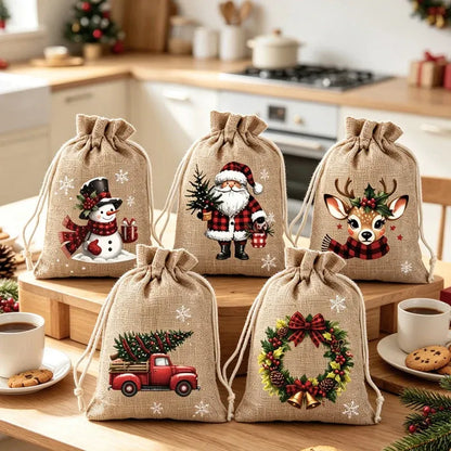 🔥60% OFF 🎄 Christmas Drawstring Gift Bags – Rustic Burlap X‑mas Sack Pouches, Santa Snowman Reindeer Print, Reusable Holiday Candy Treat Bags for Gift Wrapping & Party Favors