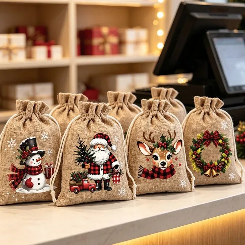 🔥60% OFF 🎄 Christmas Drawstring Gift Bags – Rustic Burlap X‑mas Sack Pouches, Santa Snowman Reindeer Print, Reusable Holiday Candy Treat Bags for Gift Wrapping & Party Favors