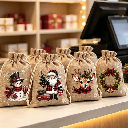🔥60% OFF 🎄 Christmas Drawstring Gift Bags – Rustic Burlap X‑mas Sack Pouches, Santa Snowman Reindeer Print, Reusable Holiday Candy Treat Bags for Gift Wrapping & Party Favors