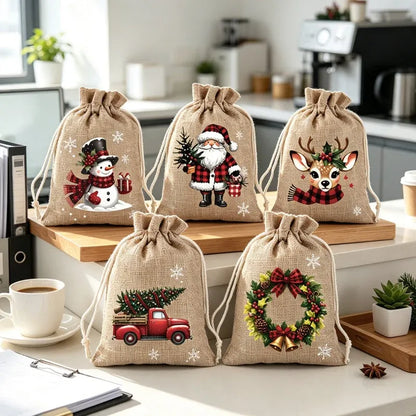 🔥60% OFF 🎄 Christmas Drawstring Gift Bags – Rustic Burlap X‑mas Sack Pouches, Santa Snowman Reindeer Print, Reusable Holiday Candy Treat Bags for Gift Wrapping & Party Favors