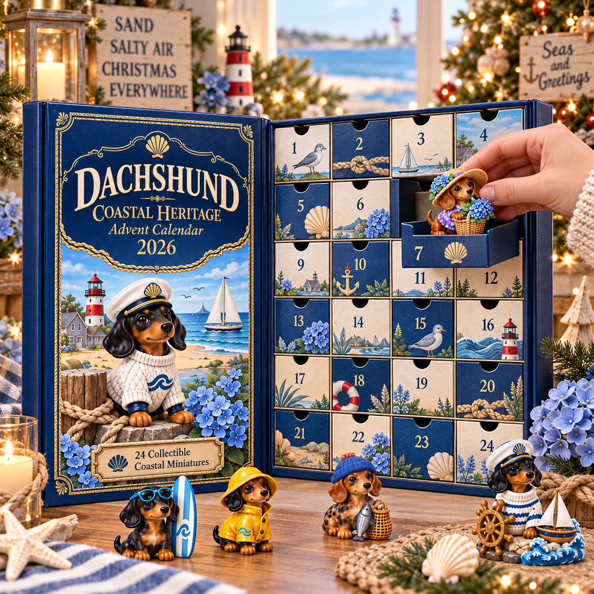 Opening a numbered compartment in the Dachshund Coastal Heritage Advent Calendar