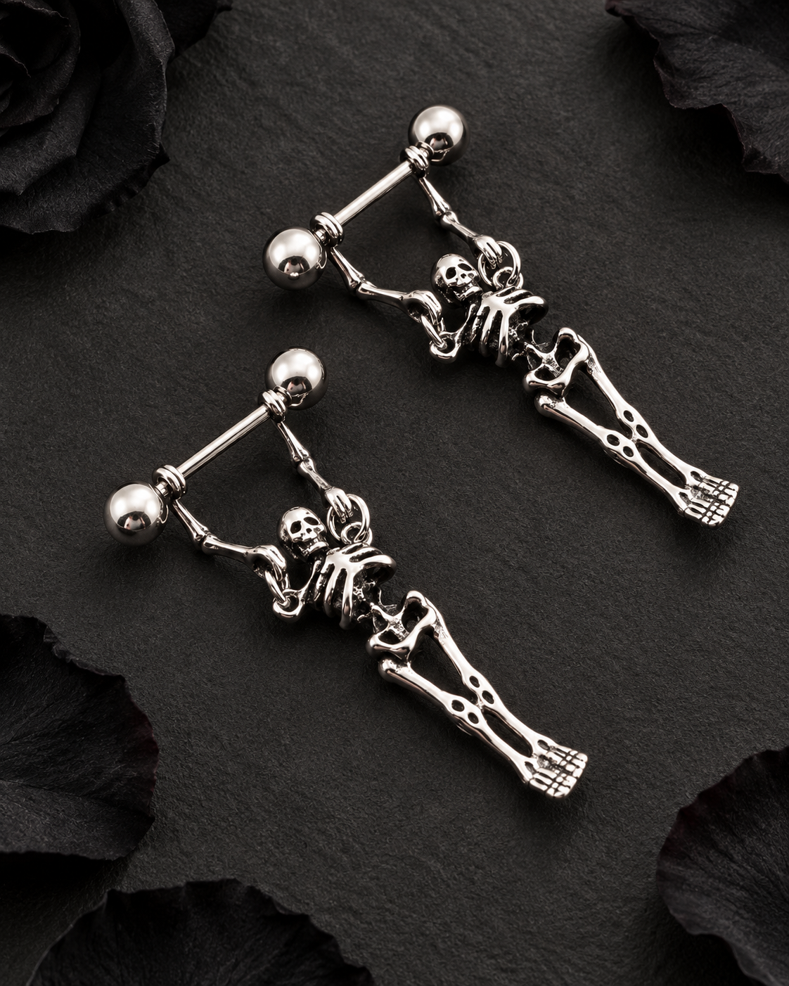 💀📌Gothic Skeleton Nipple Rings – Dangle Punk Body Jewelry Set