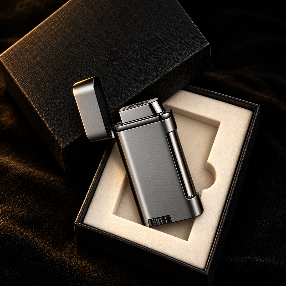 Open presentation box with gunmetal smart sensor lighter