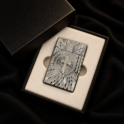 ✝Crystal Cross Lighter – Engraved Silver Flip-Top