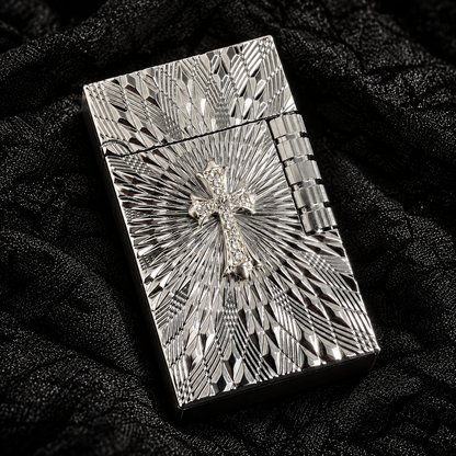 ✝Crystal Cross Lighter – Engraved Silver Flip-Top