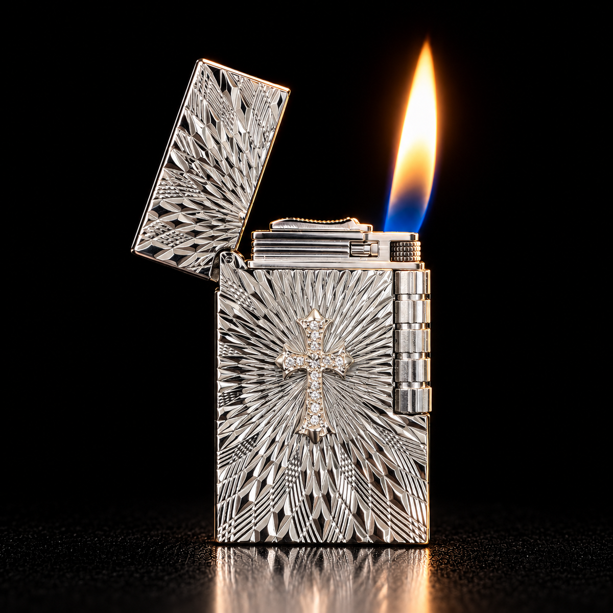 Open silver Crystal Cross flip-top lighter with flame