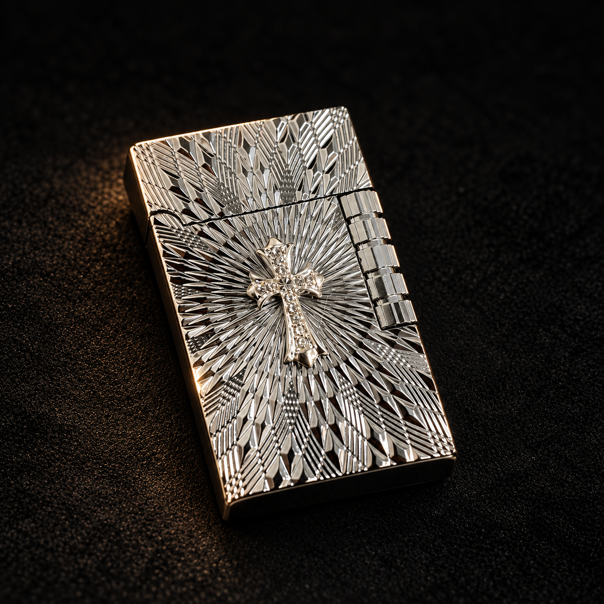 Crystal Cross lighter shown closed with its engraved surface