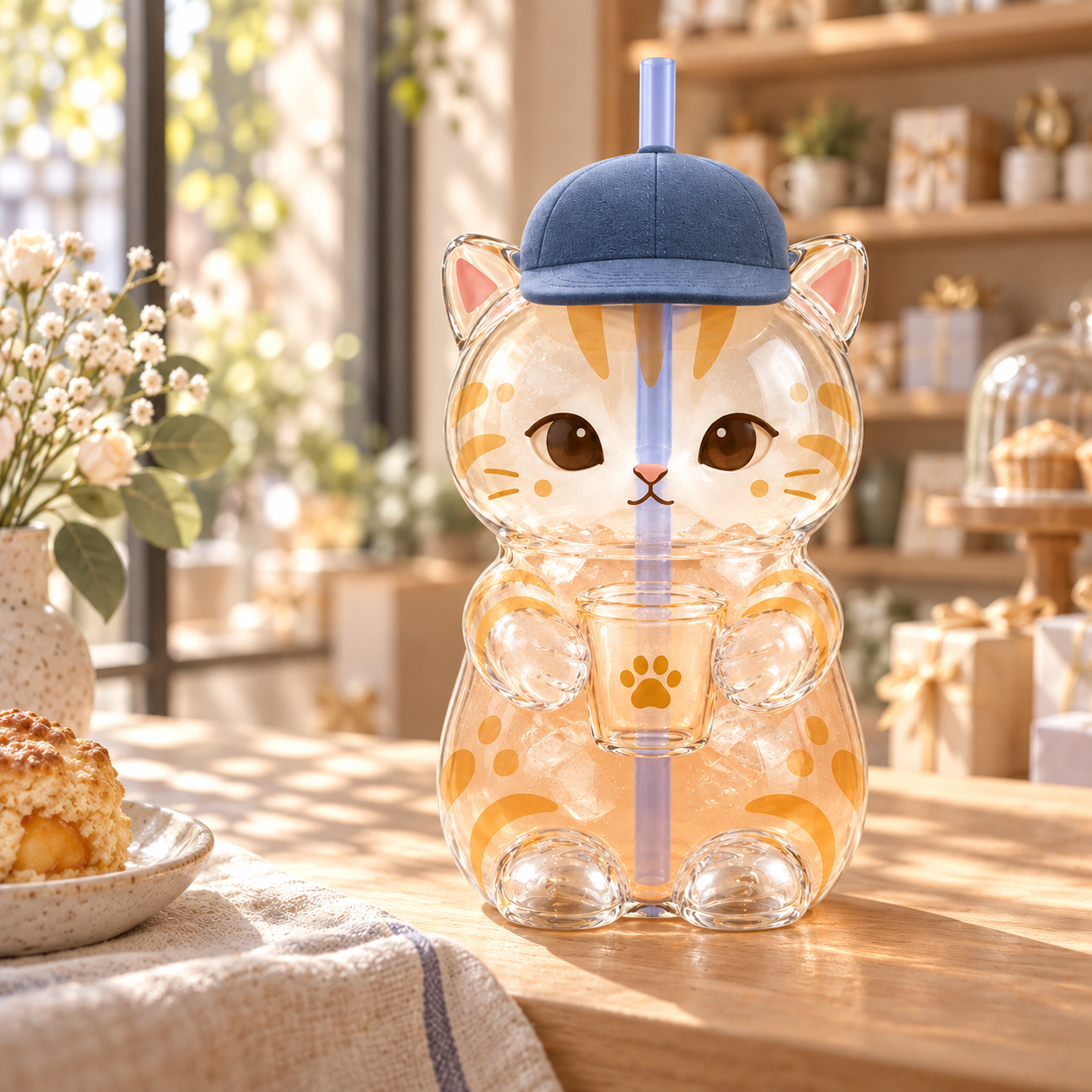 Cat tumbler on a cafe table with pastry