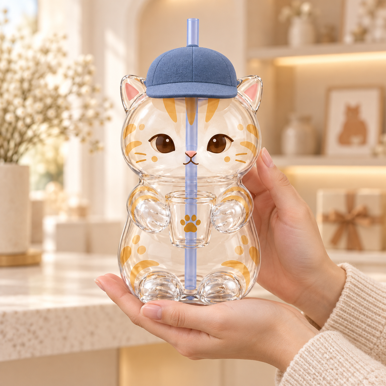 Hands holding the cat tumbler