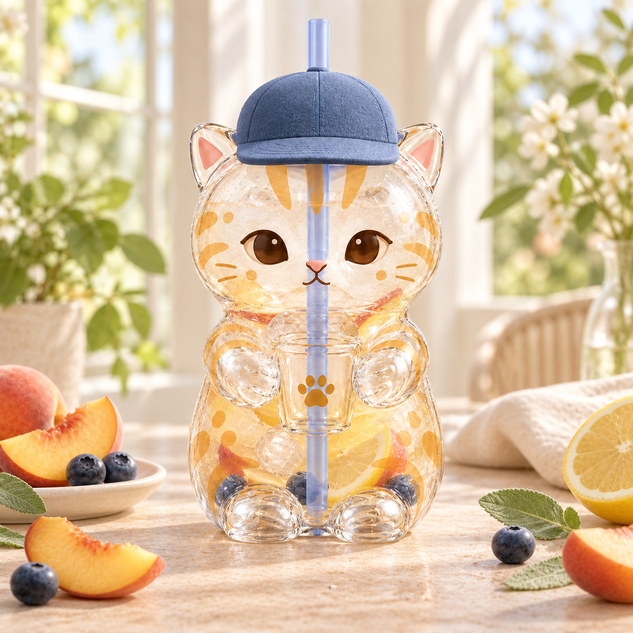 Cat tumbler with fruit drink